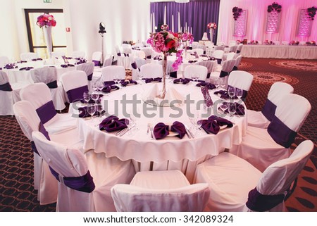 Luxury stylish wedding reception purple decorations expensive hall