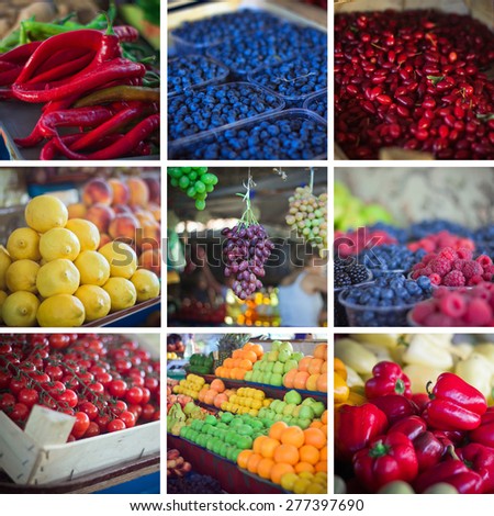 Summer fresh fruits and vegetables collage