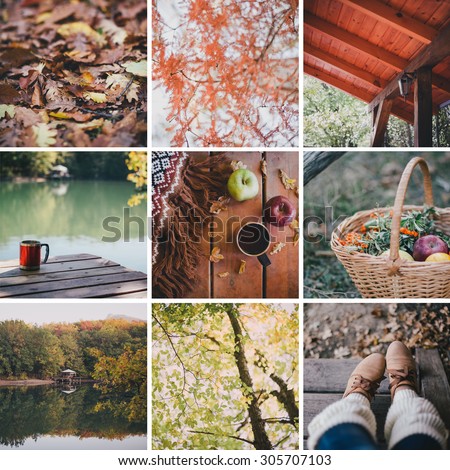 Autumn collage of nine photos. Fall. Cozy mood