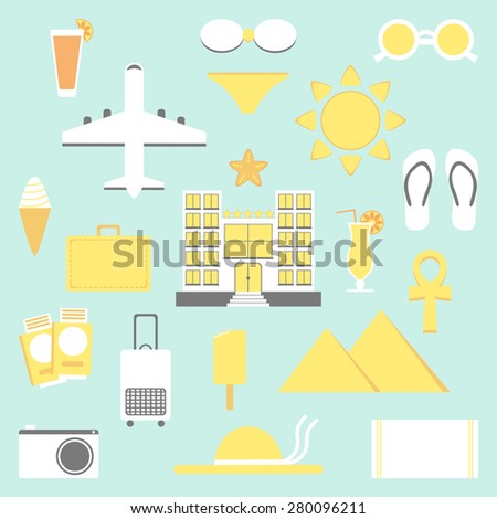 Summer vacation set. Vacation isolated elements. Hotel, plane, ice cream, bags, bikini and other icons. Flat style vector illustration.