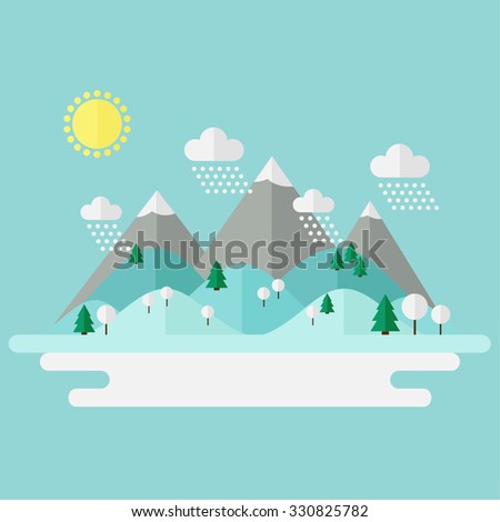 Landscape. Isolated nature landscape with mountains, hills. river and trees on background. Winter landscape. Flat style vector illustration.