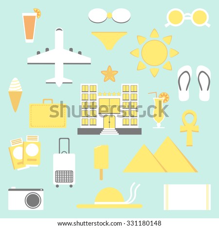 Summer vacation set. Vacation isolated elements. Hotel, plane, ice cream, bags, bikini and other icons. Flat style illustration.