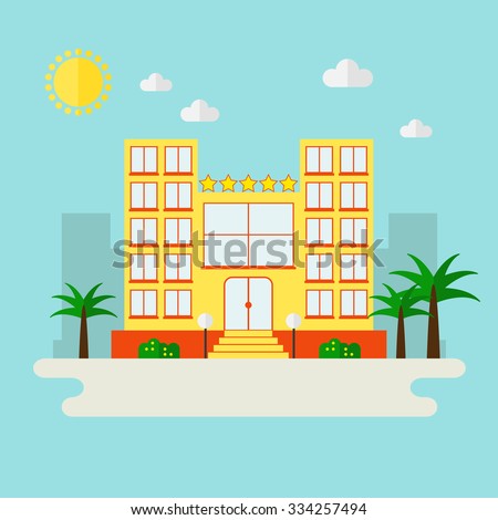 Hotel. Hotel icon on city landscape. Palm beach hotel. Summer vacation landscape. Five stars hotel. Modern hotel building. Flat style vector illustration.