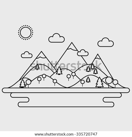 Landscape. Isolated nature landscape with mountains, hills. river and trees on background. Summer landscape. Flat line style vector illustration.