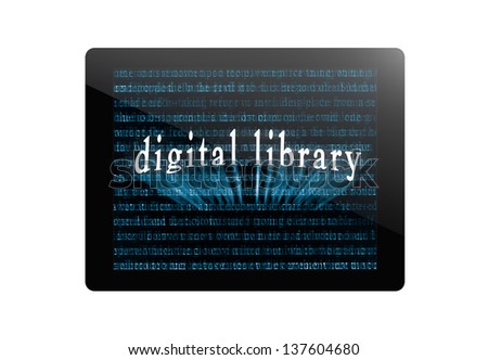tablet pc, tablet computer or digital book with abstract words and named \