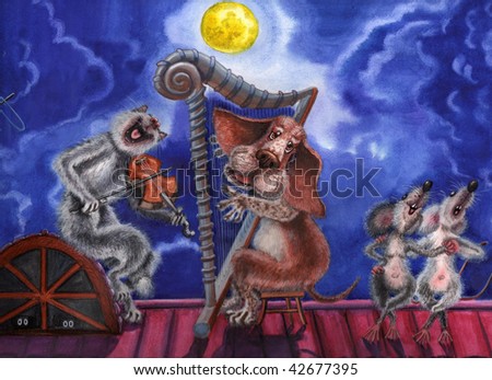 Dog, cat and mice singing under the moon on a roof of the house
