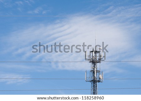 Electronic wireless telecommunication device radio transmitter with antenna on blue sky in Poland. Visible three wires of electric power grid pylon, altocumulus clouds afar. Polish nadajnik radiowy.