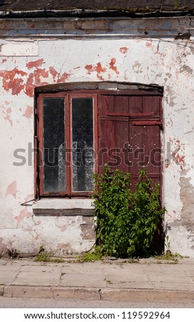 Abandoned dilapidated old house door and window in Poland, Odrzywol town, plants grow on sidewalk in home entrance, architecture detail, outside view in vertical orientation, nobody.