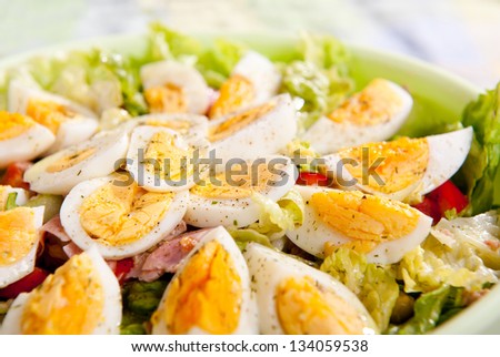 Detail of eggs and iceberg lettuce in vegetable salad, fresh healthy food, objects in bowl in horizontal orientation, nobody, studio shot.