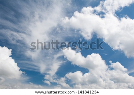 White cirrus and cumulus clouds formation mix on blue sky, cloudscape and sunny weather in horizontal orientation, nobody.