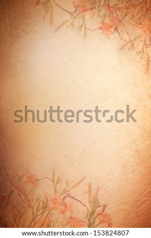 Sepia tone lily floral cloth abstract, orange color flowers pattern decorative background with vignette, bright in central part material with blank plain surface in vertical orientation, nobody.