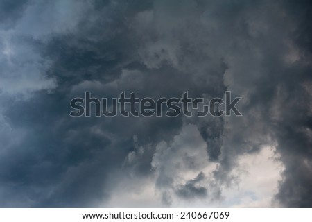 Gloomy clouds billowy sky stormy weather in Poland, Europe. Ominous dark cloudy weather in horizontal orientation, nobody.
