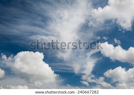 White various clouds formation mix on blue sky, cloudscape and sunny weather in horizontal orientation, nobody.
