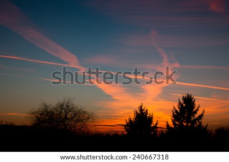 Aeroplane contrails warm sunset light on dark blue sky and tress silhouette in Poland, Europe, Nobody, horizontal orientation.