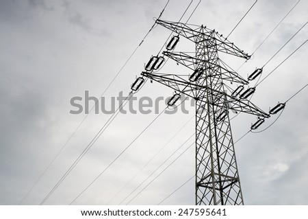 Electric power transmission or power grid pylon wires, transmission tower in Poland, horizontal orientation, nobody.