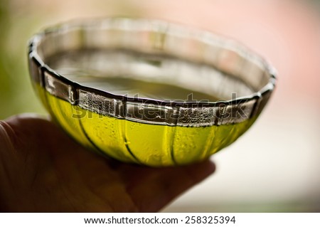 Kiwi green jelly sweet dessert in transparent brown glass bowl, daylight visible through green fruit taste gelatin, water drops of condensation on glass, sweet dessert portion in horizontal, nobody.