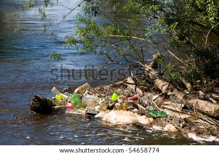 Coast and plastic bottles garbage damage river after flood in Poland. Scatter empty plastic bottles stuck on log in water under small twigs of bush, dump environment, objects spilled out, horizontal.