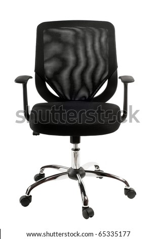 Comfortable single black office chair or desk swivel chair on one central leg with many wheels which allows to rotate seat, made of mesh material and plastic with chrome, isolated on white background.