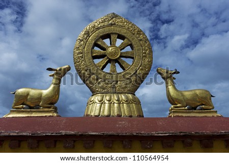 popular religion symbol on roof of Jokhang Temple, Lhasa, Tibet, China