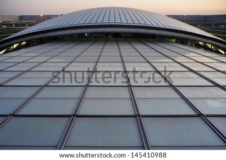 roof of airport express station of terminal 3 of Beijing International Airport - the roof is shown in the evening, is the roof of airport express terminal 3 station of Beijing airport