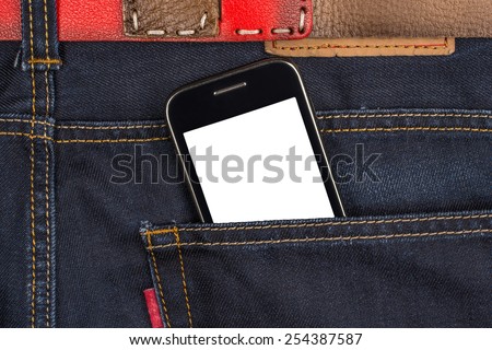 Cellular phone in jeans pocket, put your own text on the screen