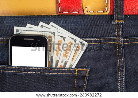 Cellular phone in jeans pocket, put your own text on the screen