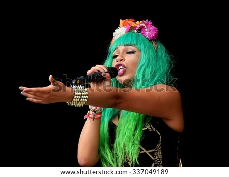 Boomtown Fair Festival - August 15th 2015: Soul, hip-hop and reggae singer Eva Lazarus  performing on the Trenchtown stage at  Boomtown Fair,  Matterley Bowl, August 15 2015, Winchester, Hampshire  UK