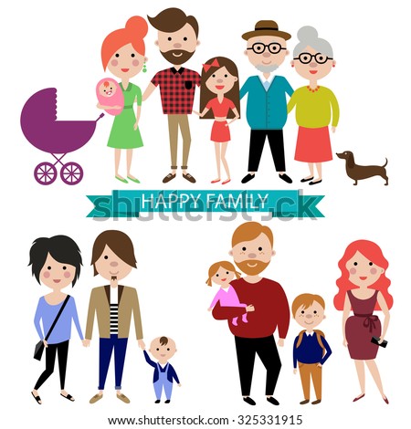 People and big happy family portrait. Parents with Children. Father, mother, kids, grandpa, grandma and dog.  Vector flat design. Trendy graphic cartoon simple style. Colorful illustration