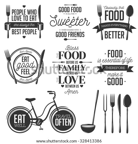 Set of vintage food related typographic quotes. Vector illustration. Kitchen printable design elements.