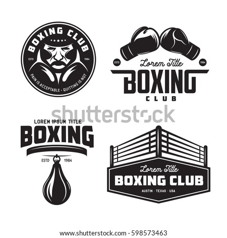 Boxing club labels emblems badges set. Boxing related design elements for prints, logos, posters. Vector vintage illustration.
