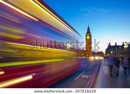 Big Ben with Double Decker bus and crowd at London, UK