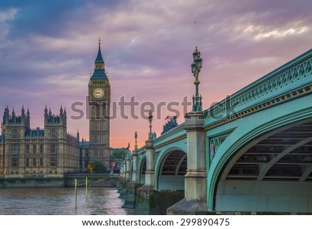 Westminster Bridge with the Big Ben at sunset, London, UK