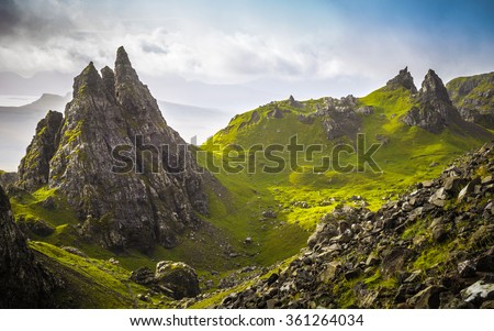 The ancient rocks of Old Man of Storr on a cloudy day - Isle of Skye, Scotland, UK