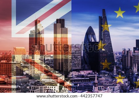 United Kingdom and European Union flags over the Bank District\'s Skyscrapers in London, England