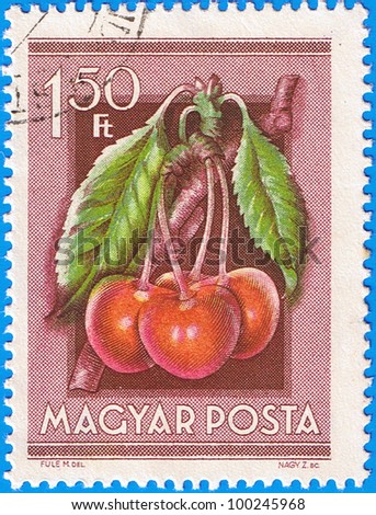 HUNGARY - CIRCA 1954: A stamp printed in Hungary shows Cherries, series is devoted to fruits, circa 1954