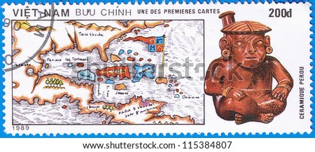 VIETNAM - CIRCA 1989: A stamp printed in Vietnam shows a map of the Caribbean, series devoted to 500 anniversary of the discovery of America, circa 1989