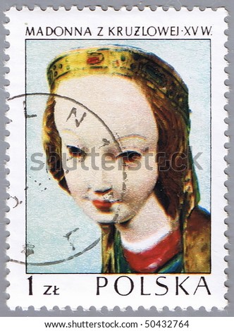 POLAND - CIRCA 1973: A stamp printed in Poland shows a gothic wooden sculpture of Madonna, stamp from series of masterpieces of Polish Art, circa 1973