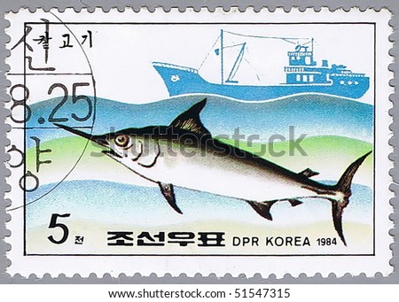 DPRK - CIRCA 1984: A stamp printed in DPRK shows the swordfish, a series of commercial fish, circa 1984