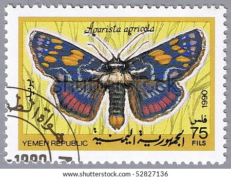 YEMEN REPUBLIC - CIRCA 1990: A stamp printed in Yemen Republic shows Agarista agricola, series devoted to butterflies, circa 1990