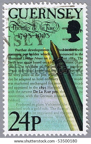 GUERNSEY - CIRCA 1993: A stamp printed in Guernsey shows the text and pens, series, circa 1993