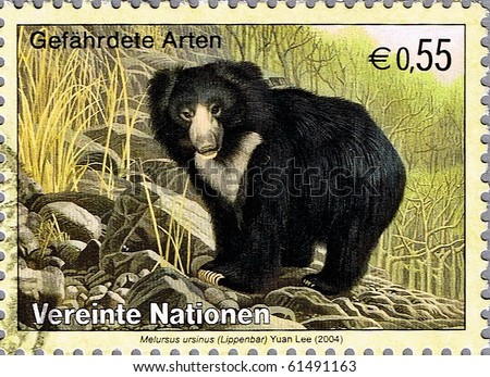 UNITED NATIONS - CIRCA 2004: A stamp printed in United Nations shows Sloth bear, series, circa 2004