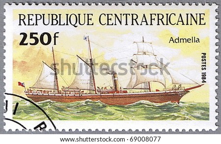 CENTRAL AFRICAN REPUBLIC - CIRCA 1984: A stamp printed in Central African Republic shows Admella, series is devoted to sailing vessels, circa 1984