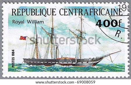 CENTRAL AFRICAN REPUBLIC - CIRCA 1984: A stamp printed in Central African Republic shows Royal William, series is devoted to sailing vessels, circa 1984
