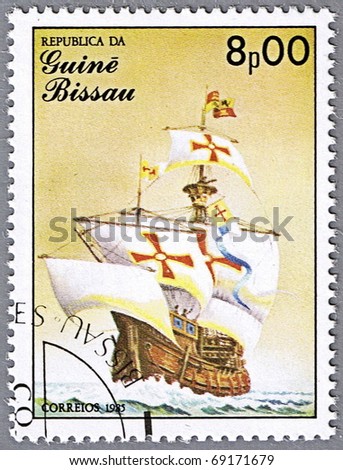GUINEA-BISSAU - CIRCA 1985: A stamp printed in Guinea-Bissau shows Santa Maria, 15th century, Spain, series is devoted to sailing vessels, circa 1985