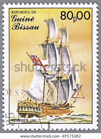 GUINEA-BISSAU - CIRCA 1985: A stamp printed in Guinea-Bissau shows English brig, 18th -19th century, series is devoted to sailing vessels, circa 1985