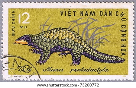 VIETNAM - CIRCA 1965: A stamp printed in Vietnam shows Chinese Pangolin or Manis pentadactyla, series is devoted to wild animals, circa 1965