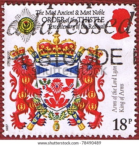 GREAT BRITAIN - CIRCA 1987: A stamp printed in Great Britain shows the coat of arms of the Order of the Thistle, series, circa 1987