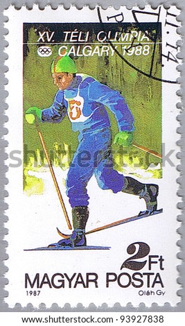 HUNGARY - CIRCA 1987: A stamp printed in Hungary shows Cross-country skiing, series, circa 1987