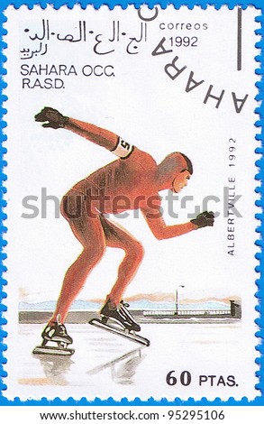 WESTERN SAHARA - CIRCA 1992: A stamp printed in Western Sahara shows a skater, series devoted Olympic Games in Albertville, circa 1992