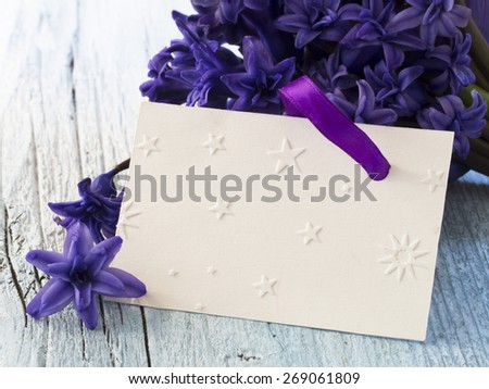 blank greeting card with fresh purple flowers